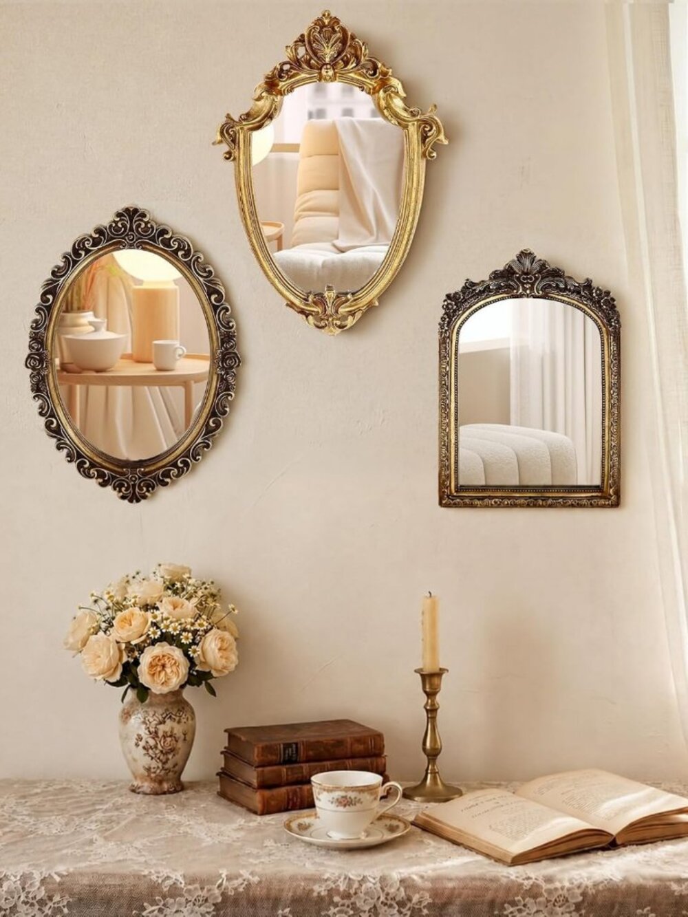Vintage Gold Wall Mirror Set - 3 Piece Classic Home Decor for Elegant Spaces